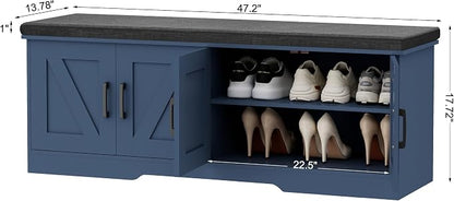 HOMSHO Farmhouse Shoe Storage Bench with 4 Barn Doors & Padded Seat Cushion | 47.2" Wide Entryway Bench with Adjustable Shelves & Hidden Storage, Blue