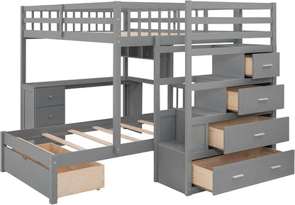 Ball & Cast Full Over Twin Bunk Bed with Safty Guardrail & Storage Stair,Wood Loft Bedframe W/Drawers & Shelves,Desk,Space-Saving,Easy Assembly,Versatile Furniture for Boys Girls Teen Bedroom,Gray