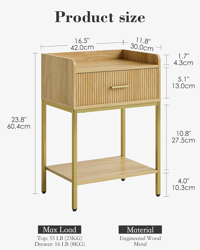 Nightstand, 3-Tier Bed Side Table, Small End Table, Night Stand with Open Shelf and Drawer, Bedside Table for Bedroom, Living Room, Oak