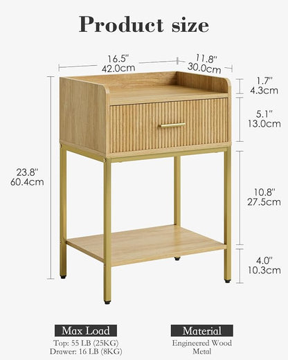 Nightstand, 3-Tier Bed Side Table, Small End Table, Night Stand with Open Shelf and Drawer, Bedside Table for Bedroom, Living Room, Oak