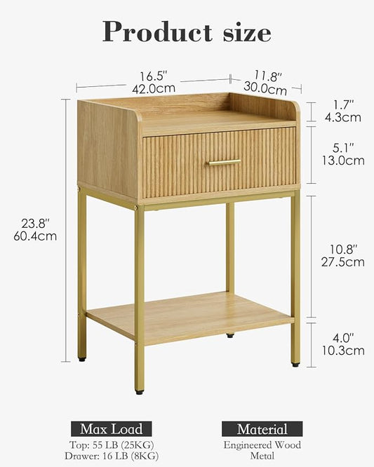 Nightstand, 3-Tier Bed Side Table, Small End Table, Night Stand with Open Shelf and Drawer, Bedside Table for Bedroom, Living Room, Oak