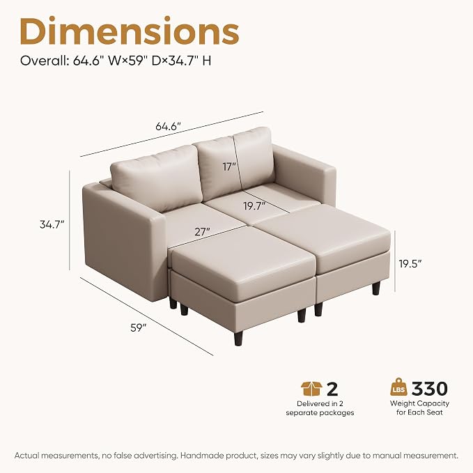 ABCASA Faux Leather Loveseat Sofa Sleeper Bed with Storage Seat, 64.6" Modular Sectional Couch Deep Seat with Reversible Chaise 2-Seat Whitesand