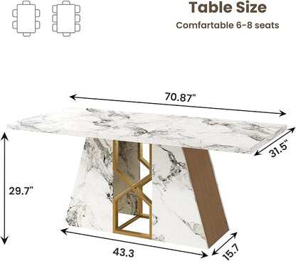 HOMISSUE 71 Inch Modern White Dining Table for 6-8 People, Large Faux Marble Kitchen and Dining Room Table,Rectanglar Dinner Table with Metal Frame for Dining Room, Living Room, White