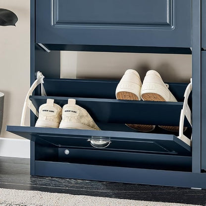 Haotian Shoe Cabinet with 4 Flip Drawers, Large Freestanding Shoe Rack, Modern Shoe Organizer for Entryway, Hallway, Entance Navy FSR79-B