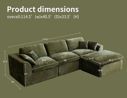 115" Modular Sectional Sofa – Modern Cloud Couch with Deep Chenille Seats,L-Shape Boneless Couch for Living Room, No Assembly, Olive Green (3 Seater + 1 Ottoman)