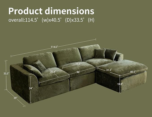 115" Modular Sectional Sofa – Modern Cloud Couch with Deep Chenille Seats,L-Shape Boneless Couch for Living Room, No Assembly, Olive Green (3 Seater + 1 Ottoman)