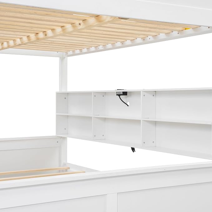 RUNNA Twin XL Over Queen Bunk Bed with Storage,USB, Antique White | Twin XL over queen bunk bed with storage, USB, solid pine wood, guardrails, no box spring needed, antique white