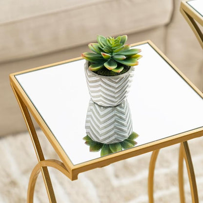 Glitzhome Nesting Side Tables, Set of 2 End Tables with Metal Frame & Tempered Glass Top, Coffee Tables Decorative Accent Tables for Bedroom, Living Room, Home Office - Golden