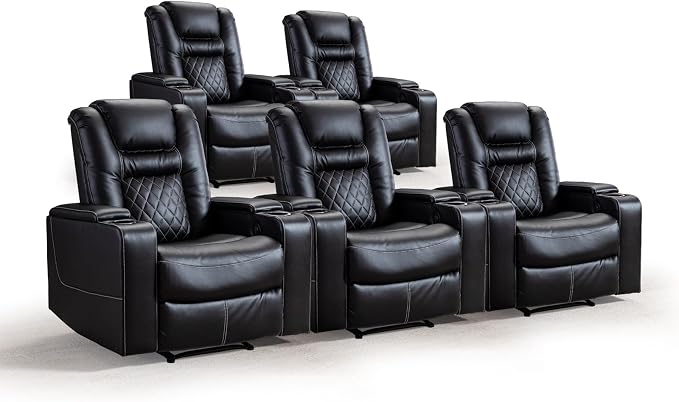 CANMOV Electric Power Recliner Chair Set of 5, Breathable Leather Home Theater Seating with Hidden Arm Storage, Power Recliner Chair for Living Room with USB Ports and Cup Holders,Black