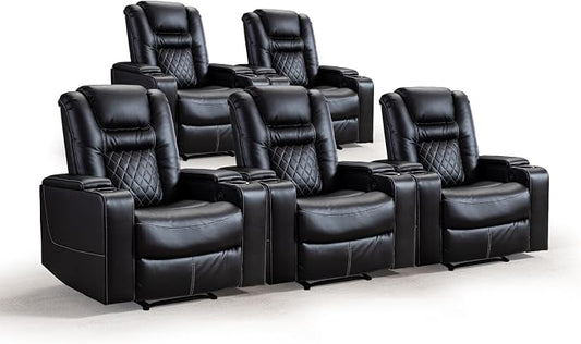 CANMOV Electric Power Recliner Chair Set of 5, Breathable Leather Home Theater Seating with Hidden Arm Storage, Power Recliner Chair for Living Room with USB Ports and Cup Holders,Black