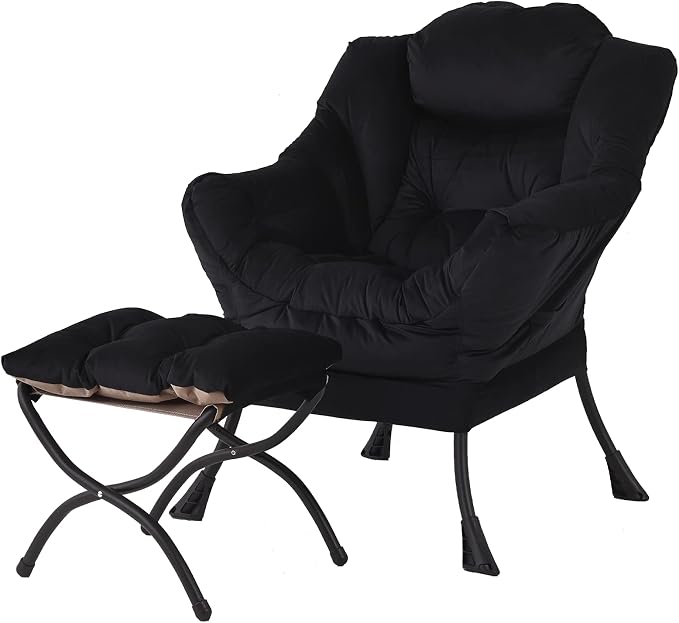 Welnow Lazy Chair with Ottoman, Modern Accent Chair with Armrests and a Side Pocket, Leisure Sofa Armchair, Reading Armchair with Footrest for Small Space, Black