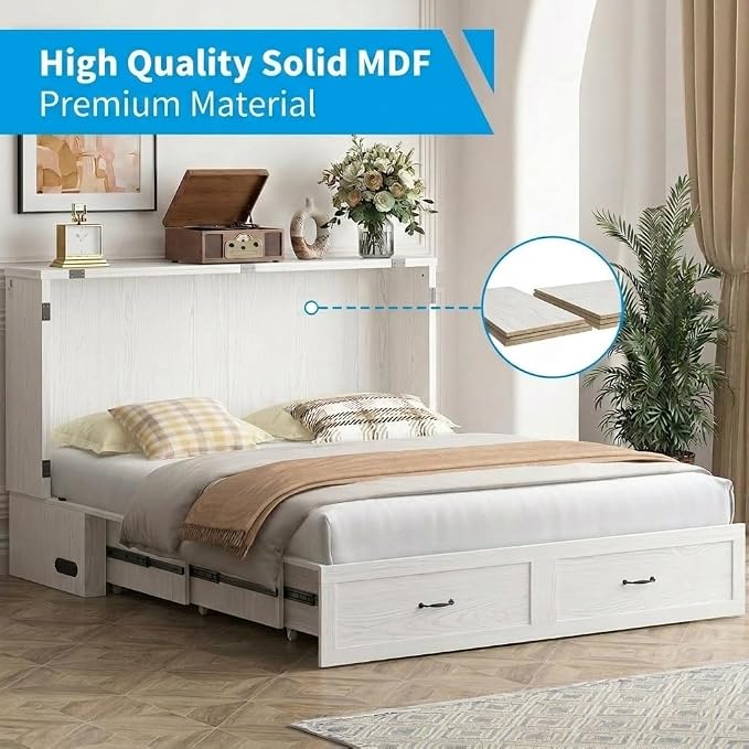 Mjkone Murphy Bed, Cabinet Beds Queen Size with Mattress Included, USB Charging Port, Drawer, Space Saving Queen Murphy Chest Bed, Hidden Cabinet Guest Wall Beds for Bedroom, Apartment, White