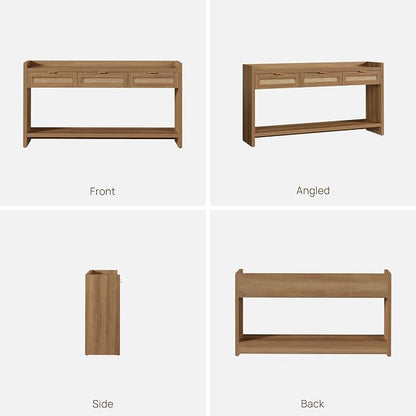 SICOTAS 60" Rattan Console Table for Entryway - Farmhouse Entry Table Sofa Table with 3 Drawers, Narrow TV Console Table with Storage for Living Room, Hallway, Couch, Foyer