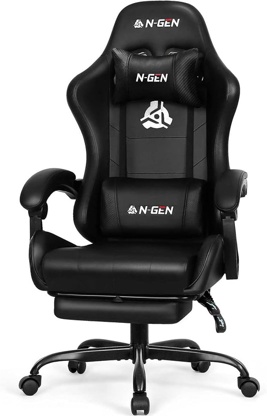 N-GEN GAMING Video Gaming Chair with Footrest Lumbar Support for Home Office High Back Recliner Height Adjustable Ergonomic Comfy Leather Computer Desk Chair (Carbon Black)