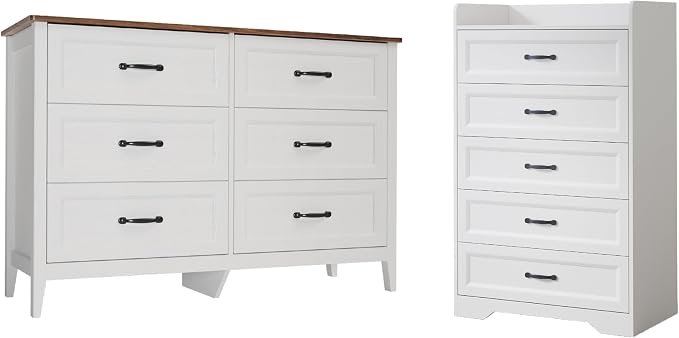 Gizoon 2-Piece Bedroom Furniture Set – Includes a 5 Drawer Dresser, a 6 Chest of Drawers,Modern Farmhouse Dresser Set, Ideal for Bedroom, Living Room