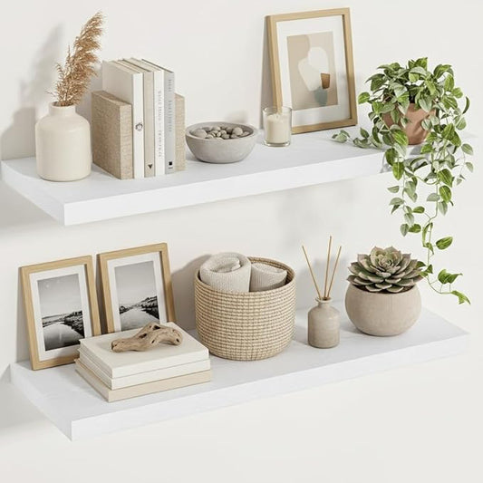 Vivelove White Floating Shelves 12 Inches Deep, [Wood Grain Texture] 36x12 Floating Shelves for Wall with Invisible Brackets, Room Shelves for Living Room Bedroom Kitchen Office, Set of 2
