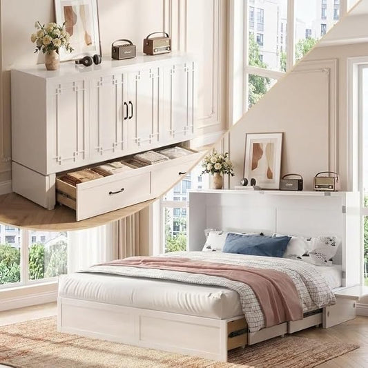 PUREMIND Queen Murphy Bed, Solid Wood Multi-Functional Cabinet Bed with Storage Drawer, USB Charging Ports and Folding Tray, Space Saving Hideaway Murphy Beds Cabinet for Guest Room, No Mattress