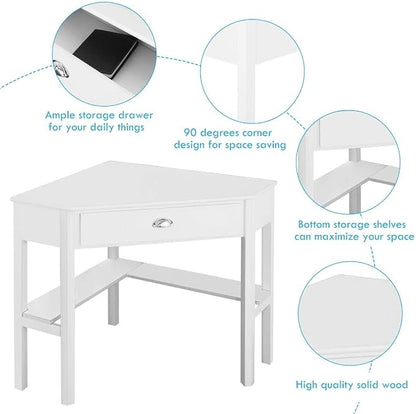LDAILY White Corner Desk, Triangle Corner Computer Desk for Small Space, Compact Writing Desk with Storage Shelves & Drawer, Space Saving Small Makeup Vanity Desk for Bedroom, Home Office