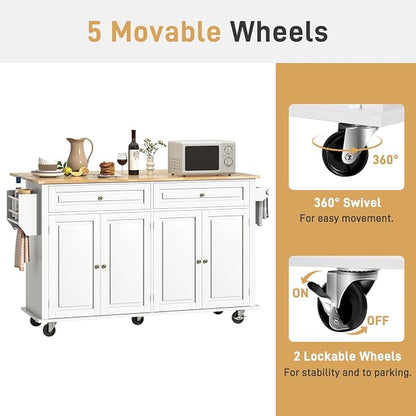 Hlivelood 63" Movable Kitchen Island with Drop Leaf and Power Outlet, Rolling Island Cart w/Storage Cabinet, Island Table on Wheels for Kitchen w/2 Drawers, Spice Rack, Towel Bar, Garage Hook, White