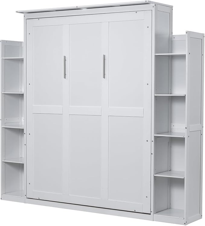 MERITLINE Queen Murphy Bed with Storage Shelves and LED Lights, Wood White Murphy Wall Bed Cabinet with Bookcase Bookshelf for Adults