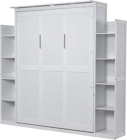 MERITLINE Queen Murphy Bed with Storage Shelves and LED Lights, Wood White Murphy Wall Bed Cabinet with Bookcase Bookshelf for Adults