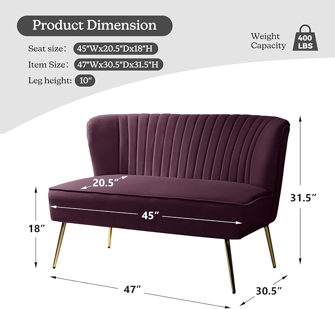 TINA'S HOME Contemporary Velvet Loveseat Sofa, Upholstered Loveseat Couch with Golden Metal Legs, Small Tufted 2-Seat Sofa Armless Love Seat for Living Room, Bedroom, Apartment Small Spaces, Purple