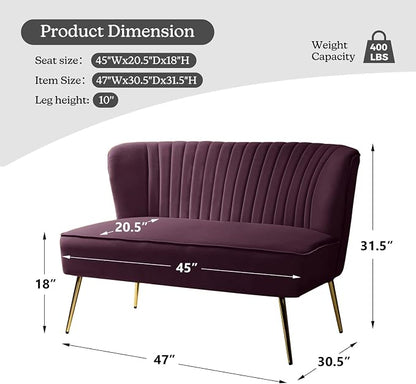 TINA'S HOME Contemporary Velvet Loveseat Sofa, Upholstered Loveseat Couch with Golden Metal Legs, Small Tufted 2-Seat Sofa Armless Love Seat for Living Room, Bedroom, Apartment Small Spaces, Purple