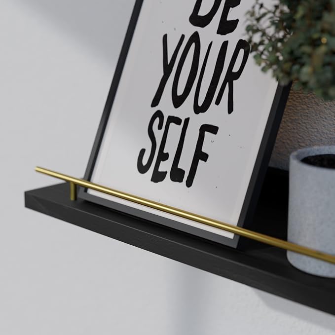 WOPITUES Floating Shelves 24 inch with Gold Metal Guardrail, Shelves for Wall Decor Set of 3, Wall Shelves for Bedroom, Bathroom, Kitchen, Living Room, Plants, Picture Frames, Art- Black and Gold