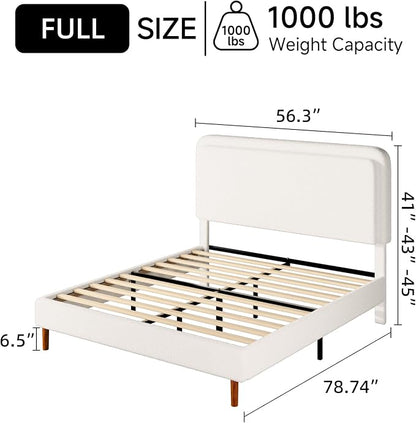 Full Size Boucle Platform Bed Frame with Adjustable Headboard, Upholstered Cloud Bed, Solid Wooden Legs, No Box Spring Needed, Easy Assembly, White