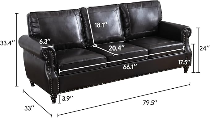 Kingfun Mid-Century Modern Couch, Faux Leather Sofa, 3 Seater Couch for Living Room with Rolled arms & Nailhead Trim, Black