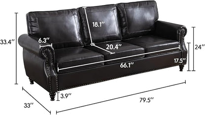 Kingfun Mid-Century Modern Couch, Faux Leather Sofa, 3 Seater Couch for Living Room with Rolled arms & Nailhead Trim, Black