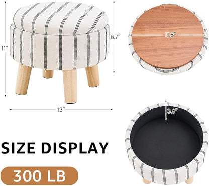 Wimarsbon Storage Ottoman, Modern Round Footrest with Soft Padded Seat, Striped Fabric Footstool with Wood Legs, Accent Small Table or Plant Stand for Hallway, Living Room (Black and White)