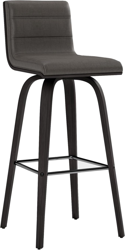 Armen Living Vienna Modern Swivel 30" Bar Height Barstool with Gray Faux Leather and Black Wood Finish