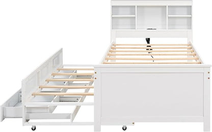 Merax Twin Size Platform Bed with Storage Headboard, USB, Wood Bedframe with Twin Size Trundle and 3 Drawers, White