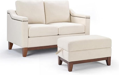 HAOMARKETS 2 Piece Fabric Sofa Set with Nailhead Trim, Included Loveseat 2-Seater Couches with Thicked Cushion and Upholstered Storage Ottoman with Flip-Top Table, Living Room Furniture Set,Beige