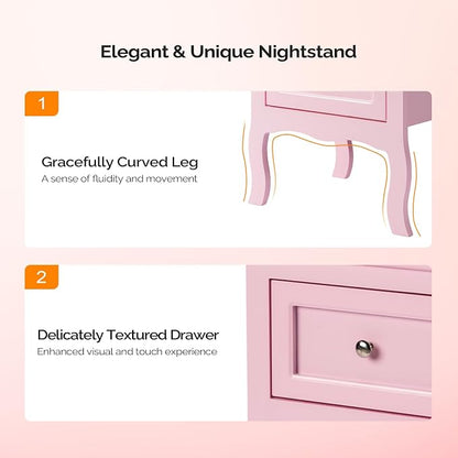 Bonnlo Nightstand with 2 Drawers, Night Stands for Bedrooms, Small Bed Side Table/White Night Stand with Drawers for Small Spaces, College Dorm, Kids’ Room, Living Room, French, 16W x 12D x 24H, Pink