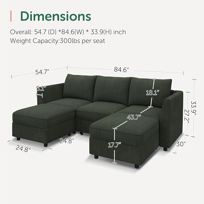 HONBAY Modular Sectional Sofa with Storage U Shaped Sectional Sofa, Convertible Couches for Living Room - Green