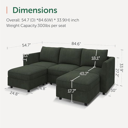 HONBAY Modular Sectional Sofa with Storage U Shaped Sectional Sofa, Convertible Couches for Living Room - Green