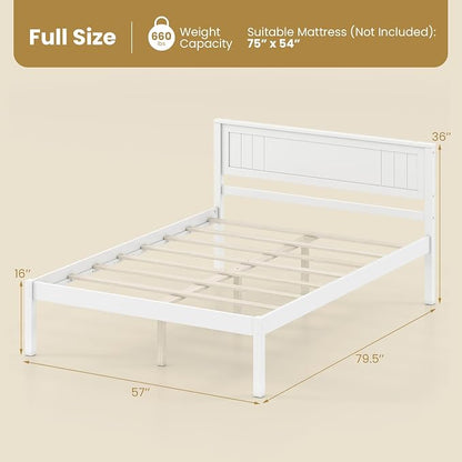 Giantex Full Size Wood Platform Bed Frame with Headboard, Mid Century Solid Wood Mattress Foundation with Slat Support, Double Bed Frame w/16 Under-Bed Storage, No Box Spring Needed (White)