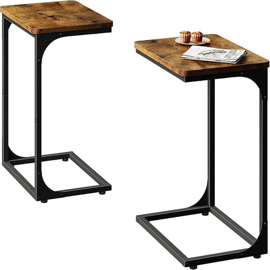 QEEIG C Shaped Side Table Set of 2 Living Room Sets Couch Tray Tables Small Farmhouse 15.7 inch Width, Rustic Brown (017-40BN)