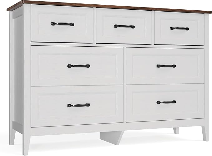 Gizoon Dresser for Bedroom Set of 2, Include 6 Drawer Dresser & 7 Chest of Drawers, White Finish with Rustic Wood Top, with Metal Pull Handles, Anti-Tip Design, Modern Bedroom Furniture Set