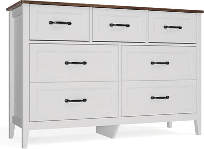Gizoon Dresser for Bedroom Set of 2, Include 6 Drawer Dresser & 7 Chest of Drawers, White Finish with Rustic Wood Top, with Metal Pull Handles, Anti-Tip Design, Modern Bedroom Furniture Set