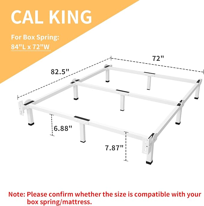 Superay Metal Bed Frame, 9-Leg Bed Base, 8 inches Support for Box Spring and Mattress Set, California King, Easy Assembly, White