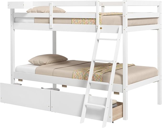 KOTEK Bunk Bed Twin Over Twin with 2 Storage Drawers, Solid Wood Bunk Bed Frame with Storage Cube, Guardrails, Ladder, No Box Spring Needed, Twin Bunk Beds for Kids Teens (White)