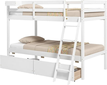 KOTEK Bunk Bed Twin Over Twin with 2 Storage Drawers, Solid Wood Bunk Bed Frame with Storage Cube, Guardrails, Ladder, No Box Spring Needed, Twin Bunk Beds for Kids Teens (White)