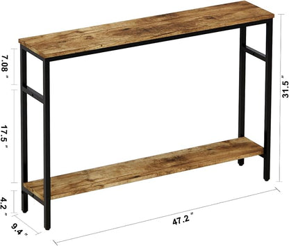 Timberer Narrow Console Table, 47 Inch Sofa Table with Adjustable Shelf, 2-Tier Long Skinny Table for Hallway, Entryway, Living Room, Foyer, Rustic Brown