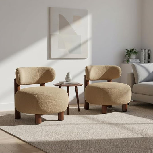 Modern Boucle Accent Chair Set of 2, with Plush Faux Sherpa Upholstery, Curved Backrest, Solid Wood Legs for Living Room Bedroom Reading Nook, 27.5", Camel