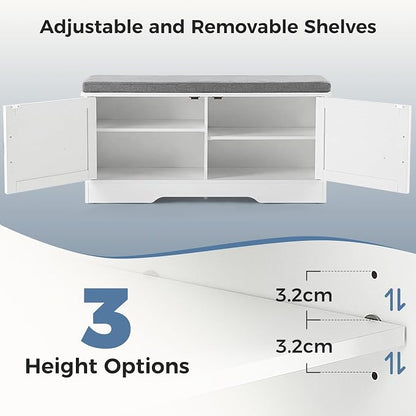 DUMOS Shoe Storage Bench, 39" Wide Shoe Organizer Cabinet with Padded Seat Cushion, 2 Doors, Adjustable Shelf for Entryway, Hallway, Bedroom, Living Room, White