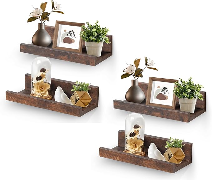 Muzilife 12" Small Floating Wall Ledge Shelves with Lip - Set of 4 Wood Floating Shelves - Walnut Brown Wall Mounted Picture Ledge for Office, Bathroom, Bedroom, Living Room, Kitchen