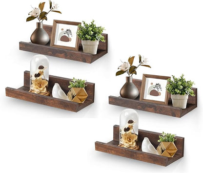 Muzilife 12" Small Floating Wall Ledge Shelves with Lip - Set of 4 Wood Floating Shelves - Walnut Brown Wall Mounted Picture Ledge for Office, Bathroom, Bedroom, Living Room, Kitchen